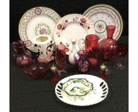 Ceramics and glass - a Victorian cranberry glass jug; other vases, bowls, spill holder; Royal Crown Derby plate; Limoges; Mas