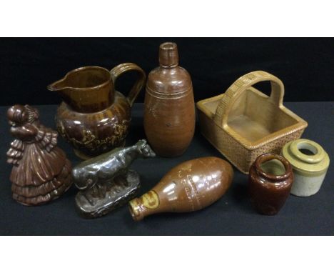 A 19th century salt-glazed, stoneware Hamilton bottle, marked 'Sterland and Co., Chesterfield'; a 19th century salt-glazed st