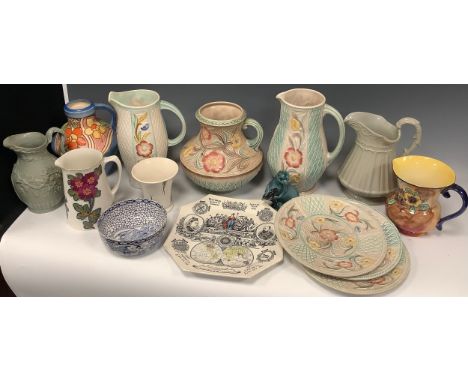 Early to mid 20th century ceramics; two H. J. Wood Ltd. Burslem ware pitchers, and three conforming plates; a similar Burslem