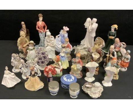 Ceramics - a Coalport Ladies of Fashion figure, Harmony;  others, Beau Monde etc; a Belper &amp; Denby Bournes Potteries flas