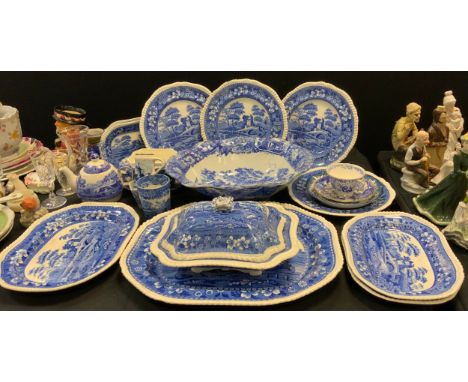 A Spode Tower pattern blue and white transfer printed part table service inc shaped rectangular entree dish and cover; meat p