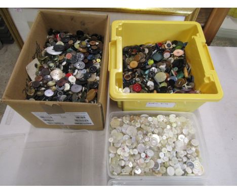 collection of vintage buttons in 3 tubs