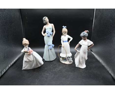 4 Lladro Nao figurines to incl My Dog Does Tricks 00379, girl with flowers 00495, How Pretty and Sophistication (head repaire
