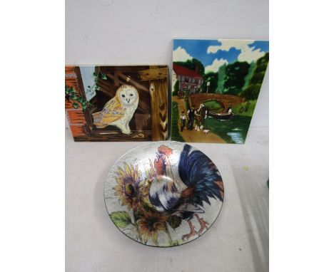 2 painted tile pictures and rooster dish&nbsp;