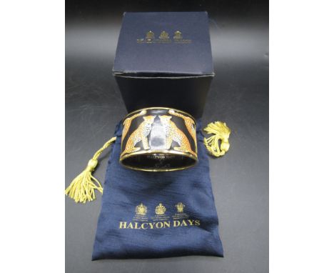 Halcyon Days Cheetah Print enamel and gold plated wide cuff bangle, with original pouch and box&nbsp;