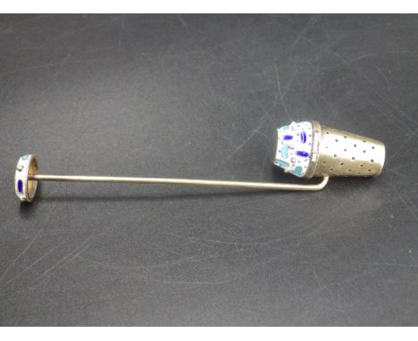 Russian Silver '916' and enamel tea infuser, hallmarks to handle and interior, top of the basket. Soviet era 1960's 11cm in l
