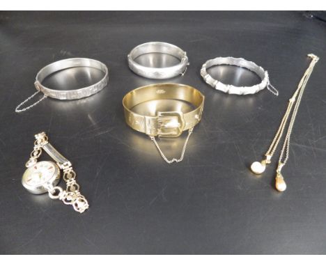 3 silver hallmarked bangles, a rolled gold bangle, a rolled gold Ingersoll ladies watch, plus two rolled gold necklaces with 