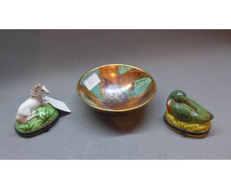 Two Limoges bracket box in the form of a Kingfisher and a horse, together with a pottery bowl, signed to base