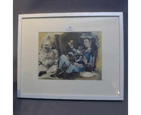 Lithograph of painting by Pablo Picasso Spanish 1881 - 1973 "Woman with Monkey" suite Comedie Humaine printed by Mourlot 1954