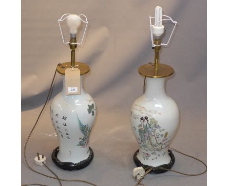 A pair of Chinese ceramic lamps with ivory ground shade, H:46cm