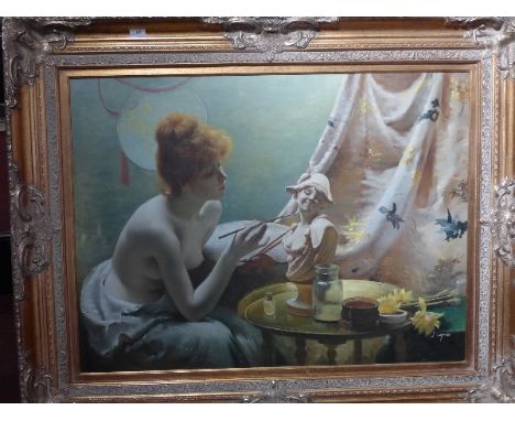 A contemporary acrylic on canvas depicting semi nude female painting a sculpture. In gilded frame 98 x74cm 