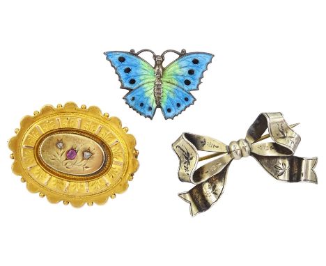 Victorian gold diamond and pink stone set brooch, silver enamel butterfly brooch and a silver ribbon broochCondition Report:G