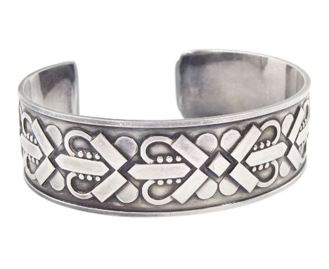 Georg Jensen silver Celtic design cuff bangle, No. 78, designed by Harald Nielsen, London import mark 1965, boxedCondition Re