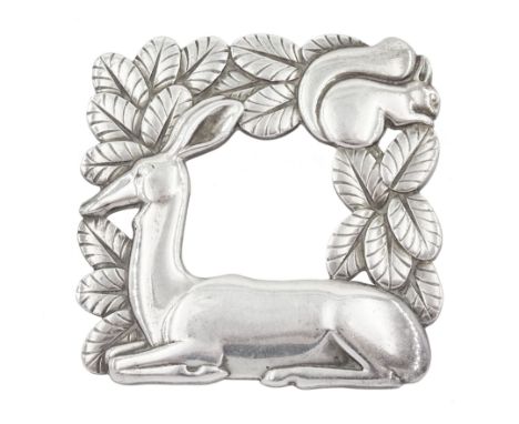 Georg Jensen silver kneeling deer and squirrel square brooch, No. 318, designed by Arno Malinowski, London import mark 1983, 