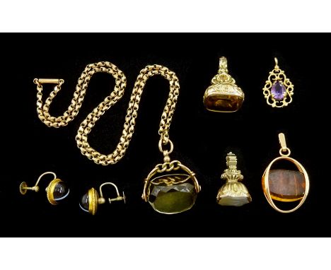 Edwardian gold citrine swivel fob pendant, Chester 1906, on gold chain necklace, both 9ct, two stone set fob pendants, one ch