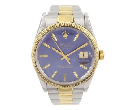 Rolex Oyster Perpetual Date gentleman's gold and stainless steel automatic wristwatch, Ref. 15053, serial No. 7029714, blue d