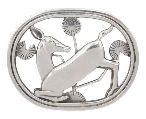 Georg Jensen silver kneeling deer and flower brooch, No. 256, designed by Arno Malinowski, London import mark 1977, boxedCond