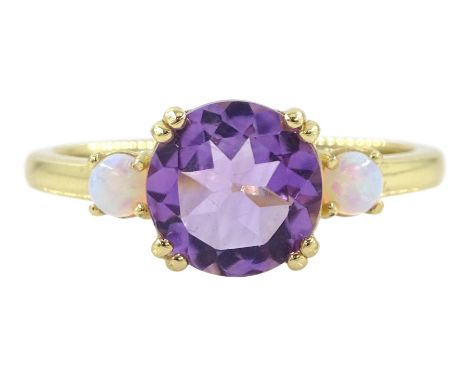 Silver-gilt three stone amethyst and opal ring, stamped 925Condition Report:Size R-S, good condition