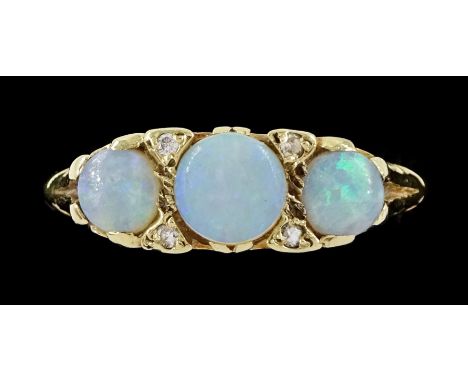 9ct gold three stone opal ring, with diamond accents set between, hallmarkedCondition Report:Approx 3.35gm, size O-P, been re