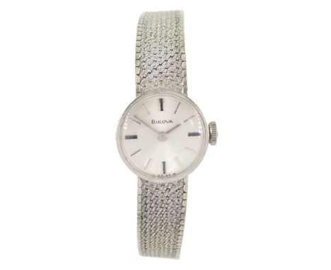 Bulova ladies 9ct white gold manual wind wristwatch, on integral 9ct white gold bracelet, Birmingham 1971, boxedCondition Rep