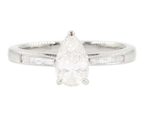 Platinum single stone pear cut diamond ring, with baguette cut diamond shoulders, hallmarked, principal diamond approx 0.60 c