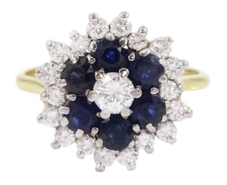 18ct gold round cut sapphire and round brilliant cut diamond cluster ring, hallmarked, total diamond weight approx 0.75 carat