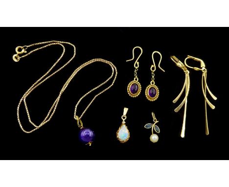 9ct gold jewellery including opal pendant, pair of garnet pendant stud earrings, pearl pendant and a stone set pendant neckla