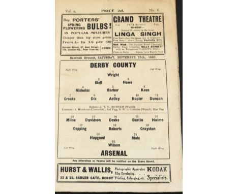 1937-38 DERBY COUNTY V ARSENAL
25th September 1937 slight fold, some staple rust &amp; a little age related wear
