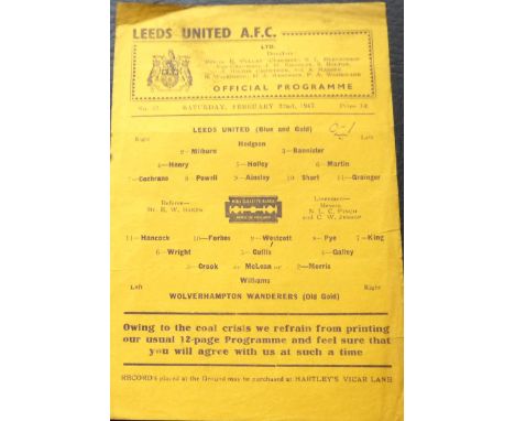 1946-47 LEEDS UNITED V WOLVERHAMPTON WANDERERS
Rare single sheet 22nd February 1947 slight folds, very small tear and final s
