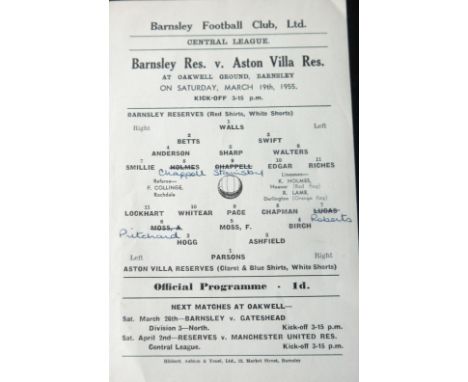 1954-55 BARNSLEY RESERVES V ASTON VILLA RESERVES
Central league single sheet 19th March 1955 team changes otherwise good