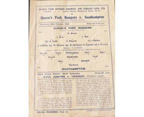 1943-44 QUEENS PARK RANGERS V SOUTHAMPTON
30th October 1943 Football League South, Single sheet programme with folds