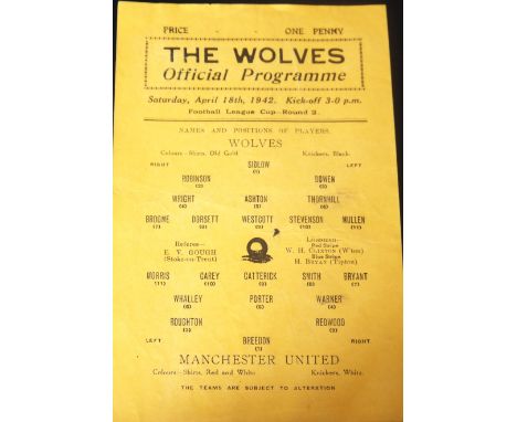 1941-42 WOLVERHAMPTON WANDERERS V MANCHESTER UNITED WAR LEAGUE CUP
18th April 1942 single sheet programme&nbsp;
