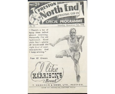 1946-47 PRESTON NORTH END V ARSENAL
9th November 1946 in good condition with very slight staple rust