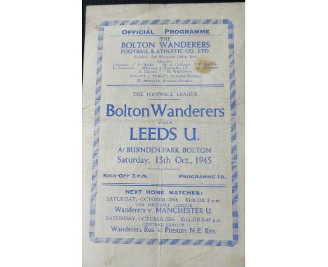 1945-46 BOLTON WANDERERS V LEEDS UNITED
13th October 1945 4 page edition fold slight &amp; small marks&nbsp;&nbsp;