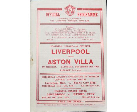 1946-47 LIVERPOOL V ASTON VILLA ( LIVERPOOL CHAMPIONSHIP WINNING SEASON )
21st December 1946 league good condition with sligh