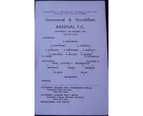 1961 GRAVESEND &amp; NORTHFLEET V ARSENAL FRIENDLY
Single sheet programme in very good condition