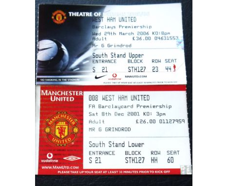 MANCHESTER UNITED V WEST HAM UNITED 2001-02 &amp; 2005-06 TICKETS
8th December 2001 and 29th March 2006 good condition&nbsp;