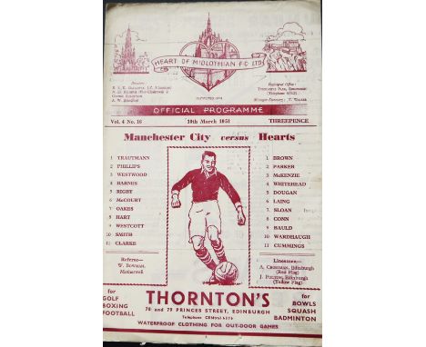 1950-51 HEARTS OF MIDLOTHIAN V MANCHESTER CITY FRIENDLY
10th March 1951 friendly in good condition for age