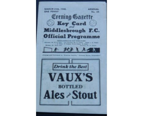 1947-48 MIDDLESBROUGH V ARSENAL ( ARSENAL CHAMPIONSHIP WINNING SEASON )
29th March 1948 in good condition for age