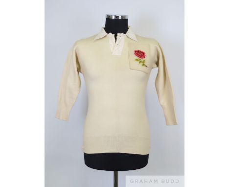 Sam Irvin white woolen England International match worn rugby shirt, 1905,  with button-up collar and embroidered red rose ba