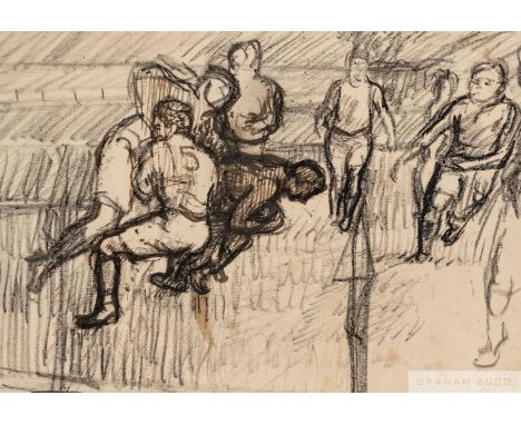 Charles Ambrose (British, 1876-1946) Welsh rugby player in action,&nbsp; pen, ink and wash, signed lower right margin, mounte