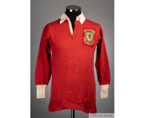 Red and white No.2 Wales v. England International match worn long-sleeved shirt, 1955-56, Jack Sharp, 36 with button-up colla