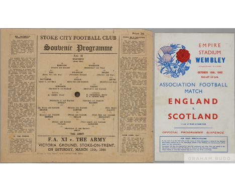 England v. Scotland match programme, 10th October 1942, at Empire Stadium, and F.A.XI v. The Army, single-sheet, 11th March 1