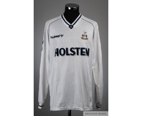 Nayim white No.9 Tottenham Hotspur match worn long-sleeved shirt, 1990-91, Hummel with v-neck collar and embroidered badge in