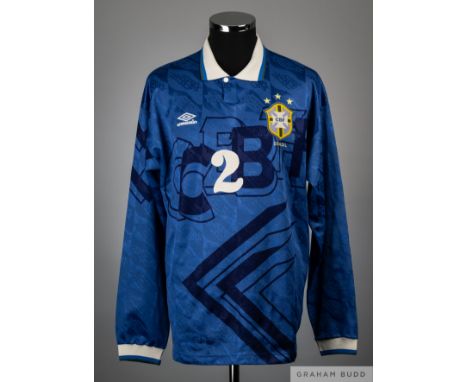 Blue No.2 Brazil match issued long-sleeved shirt, 1993, Umbro, SG with button-up collar with printed CBF BRASIL badge with le