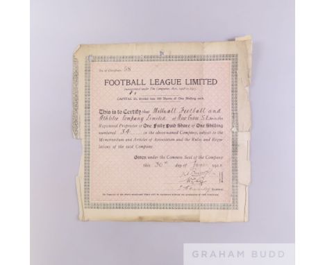Millwall Football Club Football League Ltd share certificate, 1928 signed by Directors and secretary with share return letter