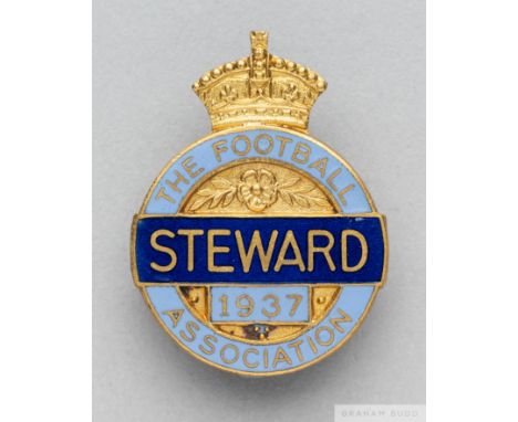 A gilt-metal and enamel 1937 F.A. Steward's badgethe obverse inscribed THE FOOTBALL ASSOCIATION STEWARD 1937 with brooch fitt