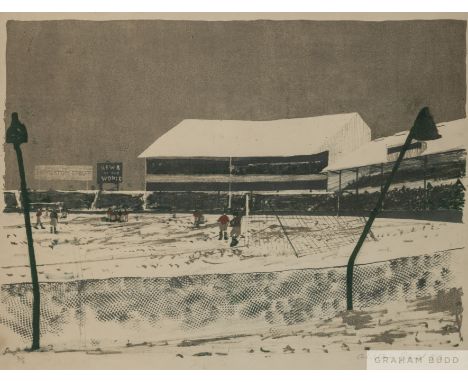 Alistair Grant (British, 1925-77) Football match at Chelsea's Stamford Bridge, dated 1953, lithograph featuring a football ma