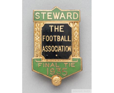A gilt-metal and enamel 1935 F.A. Cup Steward's badgethe obverse inscribed STWARD THE FOOTBALL ASSOCIATION FINAL TIE 1935 wit