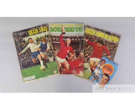 A selection of football sticker books from the 1960s and 1970s including World Soccer Stars Mexico 1970, Soccer Stars in Acti